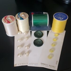 Coordinating Pearl White, Green and Lemon Yellow Button and Thread Set